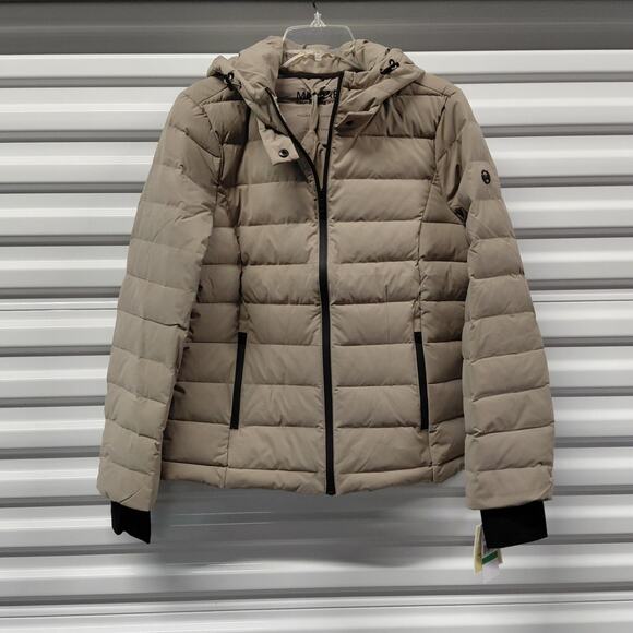 Michael Michael Kors Womens Down Puffer Jacket Coat Large Taupe Hooded Packable - Picture 4 of 13